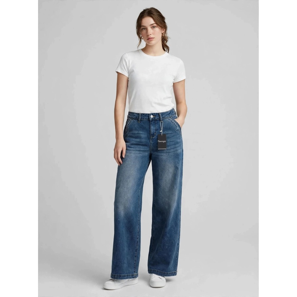NWT Flamingals Women's Wide Leg Faded Blue Jeans Size XXL Slant Pockets